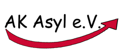 Schriftzug 'AK Asyl e.V.' mit geschwungenem rotem Pfeil darunter / unbeholfene Linien