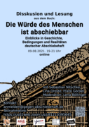 Himmel über Stacheldraht-Gefängniszaun mit Schriftzug "Die Würde des Menschen ist abschiebbar - Einblicke in Geschichte, Bedingungen und Realitäten deutscher Abschiebehaft"