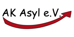 Schriftzug 'AK Asyl e.V.' mit geschwungenem rotem Pfeil darunter / geglättete Linien