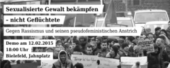 Foto von Demonstration; Schriftzug "Sexualisierte Gewalt bekämpfen – nicht Geflüchtete" u.a.